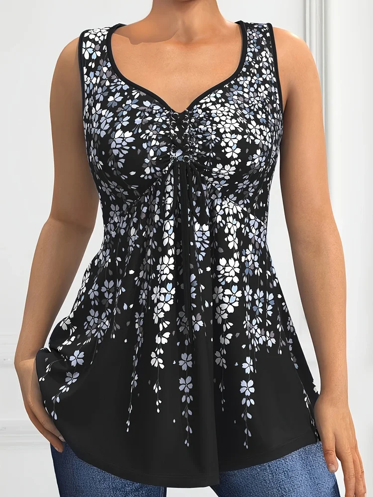 

Women's Plus Size Tank Top Lace Up V-Neck Polk Dot Print Medium Stretch Sleeveless Casual Vintage Fashion Summer Tank Tops 2024