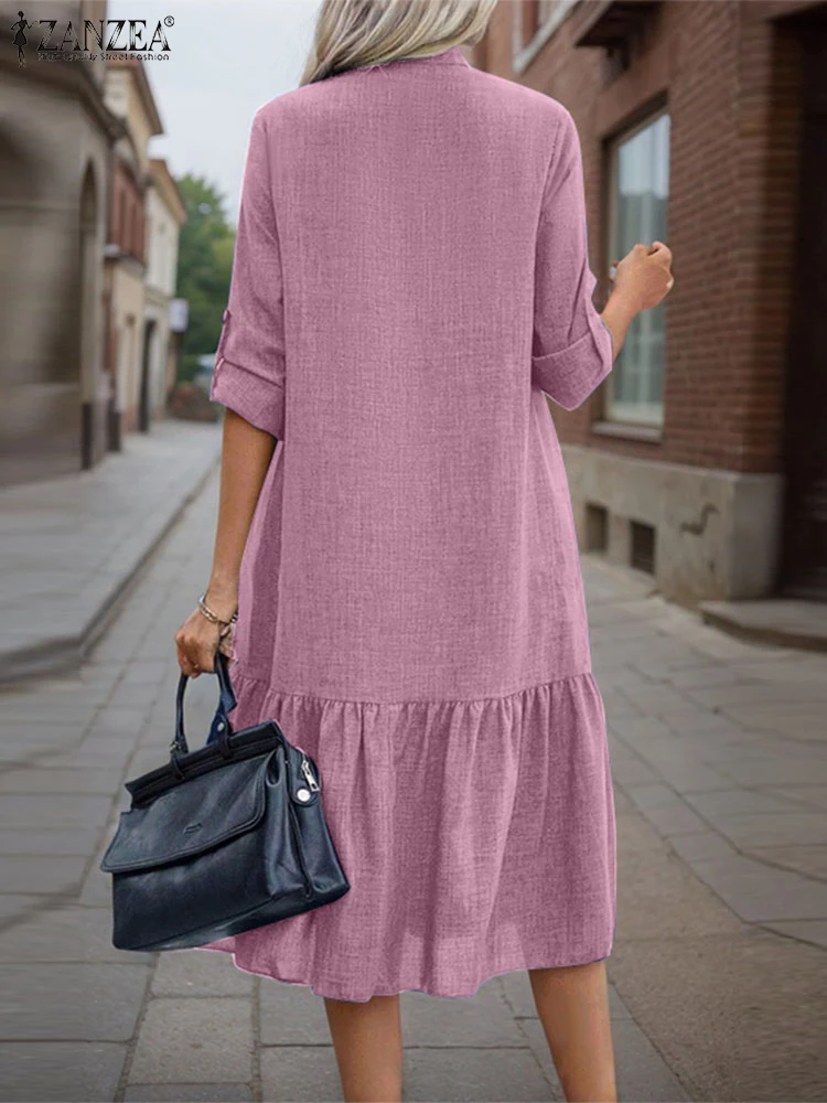 ZANZEA Long Sleeve Commute Solid Vestidos Women O Neck Button Up 2025 Spring Midi Dress Casual Ruffled Hem Holiday Shirt Dress