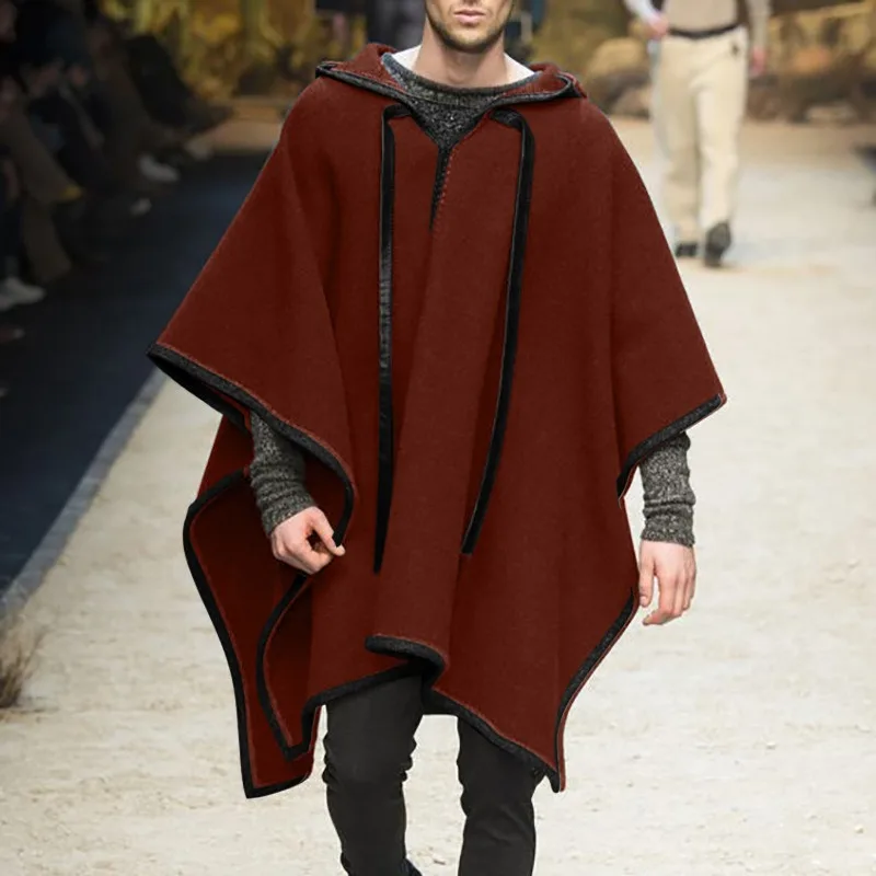 

Модная мужская накидка с капюшоном, однотонная накидка, уличная одежда, пончо с V-образным вырезом, свободное шерстяное пальто, асимметричный мужской длинный Тренч, черный, 2024