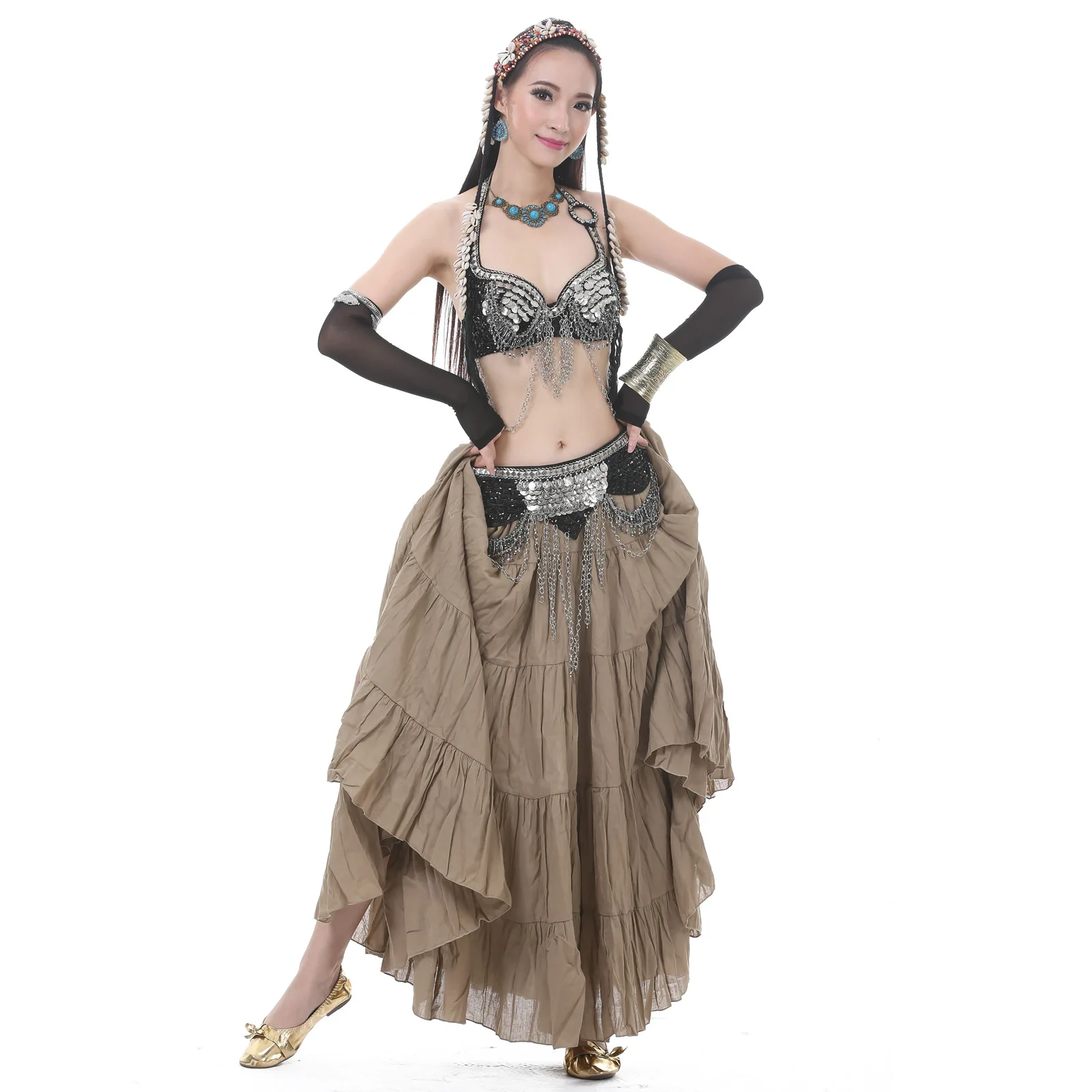 16 yarde donne Tribal danza del ventre Costume accessorio elastico in vita cotone lino Gypsy lungo Maxi gonna (senza cintura)