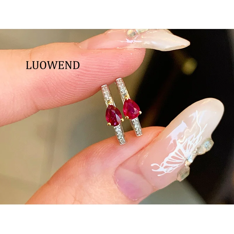 

LUOWEND серьги из 100% белого золота 18 карат, женские серьги-кольца с блестящими бриллиантами и натуральными рубинами, модные ювелирные изделия в стиле INS с высоким драгоценным камнем