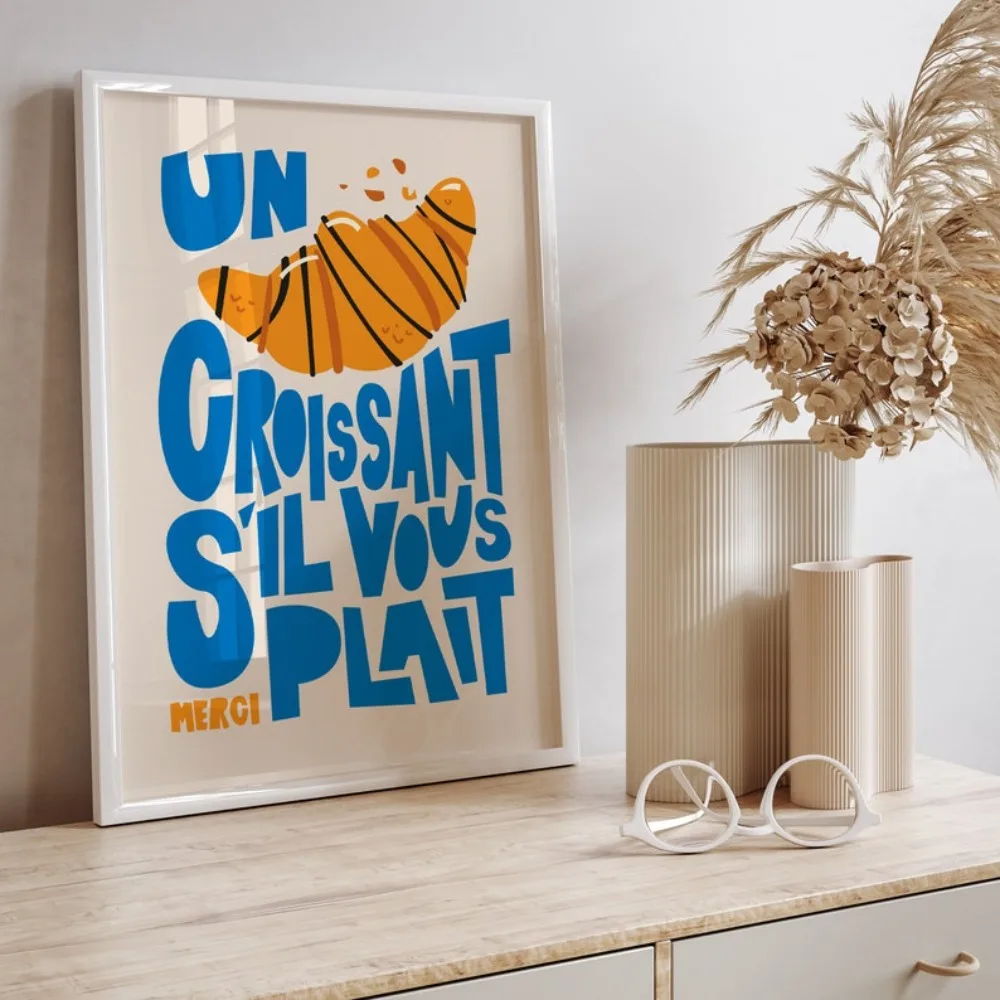 طباعة Un Croissant، ملصق الإفطار، لوحة فنية جدار المطبخ، Craissants S'il Vaz Plait، طباعة الطبخ العصرية، ملابس المنزل، ديكور الحائط