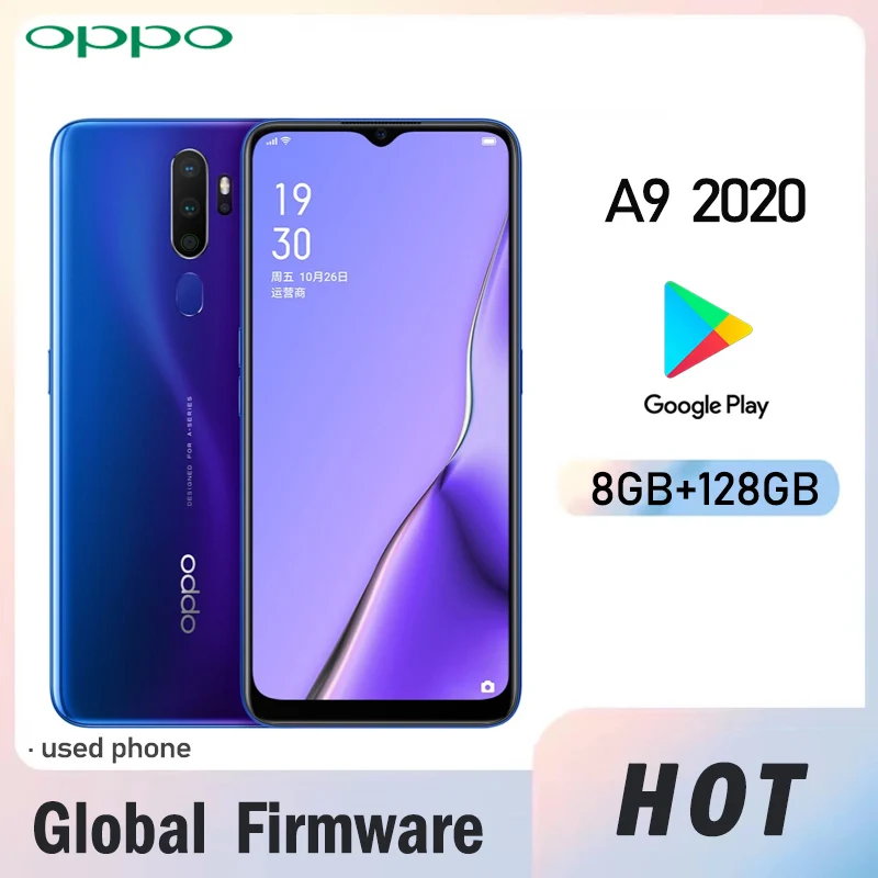 هاتف OPPO A9 2020 الذكي 4G البرامج الثابتة العالمية ColorOS 6 (Android 9.0) 48MP + 8MP كاميرا رباعية مزدوجة SIM 5000mAh هاتف مستعمل