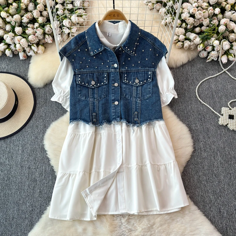 2024 Summer New Fashionable Vintage Blouse Cowboy Vest Jacket Solid Color Dress Lady Style Age Reducing Two Piece Set