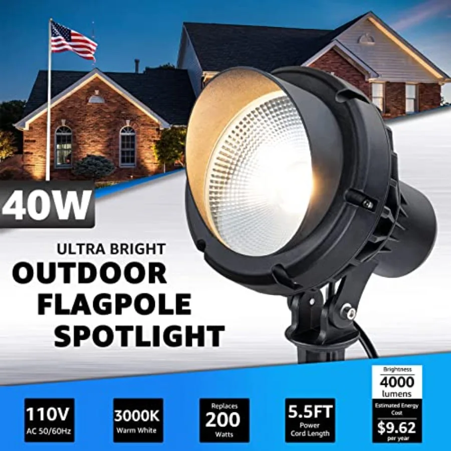 40W Spot Lights Outdoor 120V LED Plug in Spotlight Outdoor 4000LM Ultra Bright Flag Pole Light 3000K Warm White Landscape Spotl