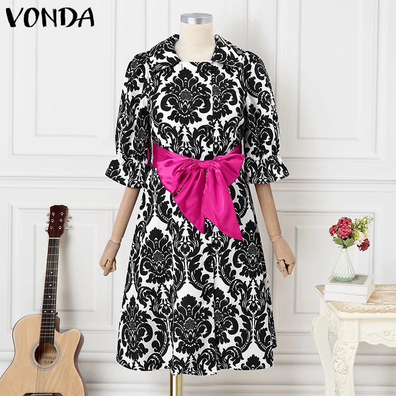 VONDA Women Printing Evening Dress Bohemian Vestidos Stand Collar Bow Belt Casual Loose Robe 2026 Elegant Sundress Oversized