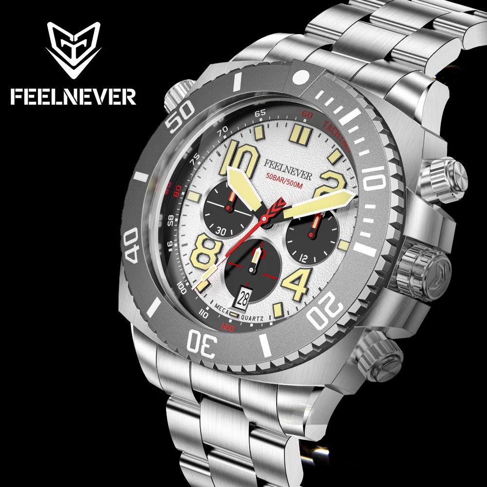 FeelNever Prefessional Sport chronograph Quartz Watch For Men Sapphire Stainless Steel Big Dial Diving Auto Clock Reloj Hombre