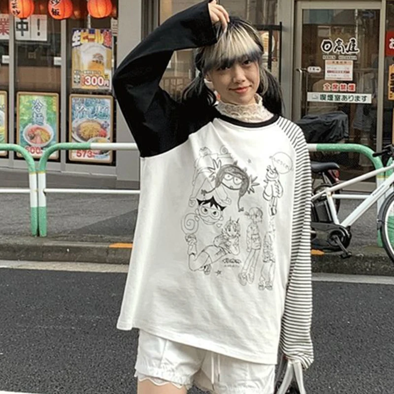 일본 애니메이션 서브컬쳐 티셔츠 여성용 O넥 긴팔 패치워크 티셔츠 하라주쿠 Y2K 스트릿 루즈핏 만화 캐주얼 탑