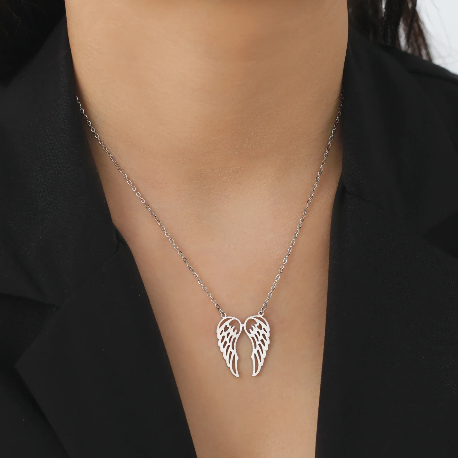 Skyrim Hollow Angel Wings Pendant Necklace Women Stainless Steel Neck Chain Choker 2026 Trend Wedding Jewelry Birthday Gift