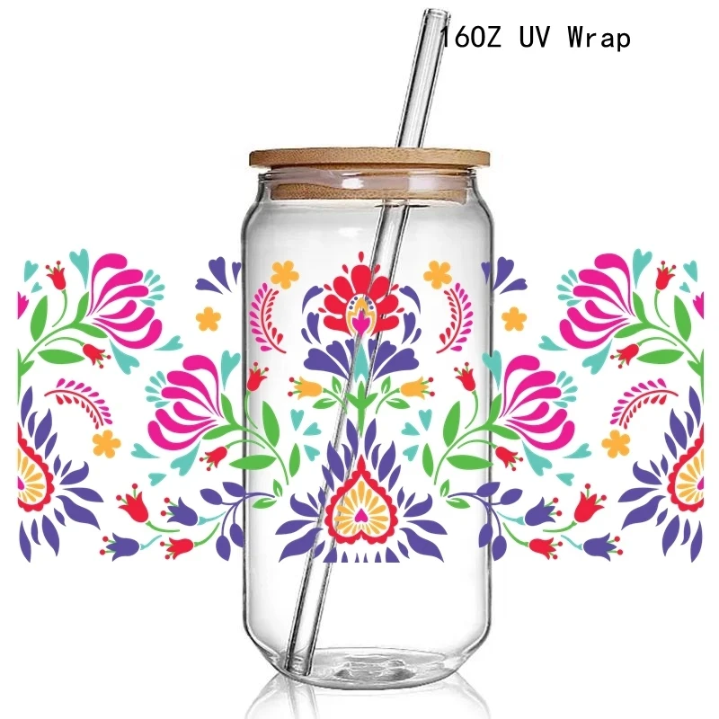 7+Mexico Traditional Mexican Flowers 3D UV DTF Cup Wraps stickers Custom  Chingona UV DTf  Wraps for 16oz Libbey Glass Can