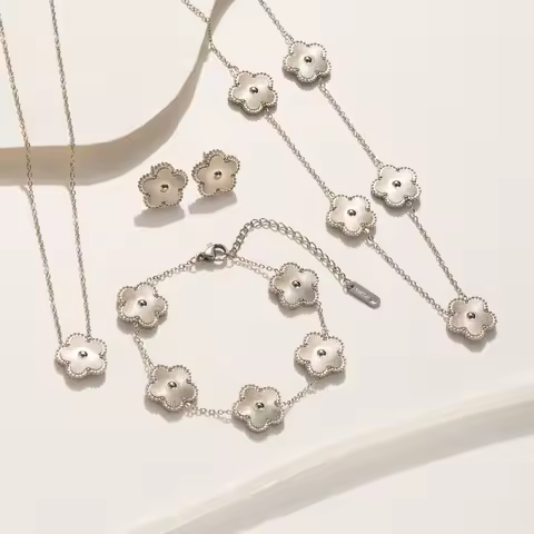 Stainless Steel Five Point Star Bracelet Necklace Earrings 18k Plated Gold Double Sided Five-Leaf Flower Party Jewelry Gift