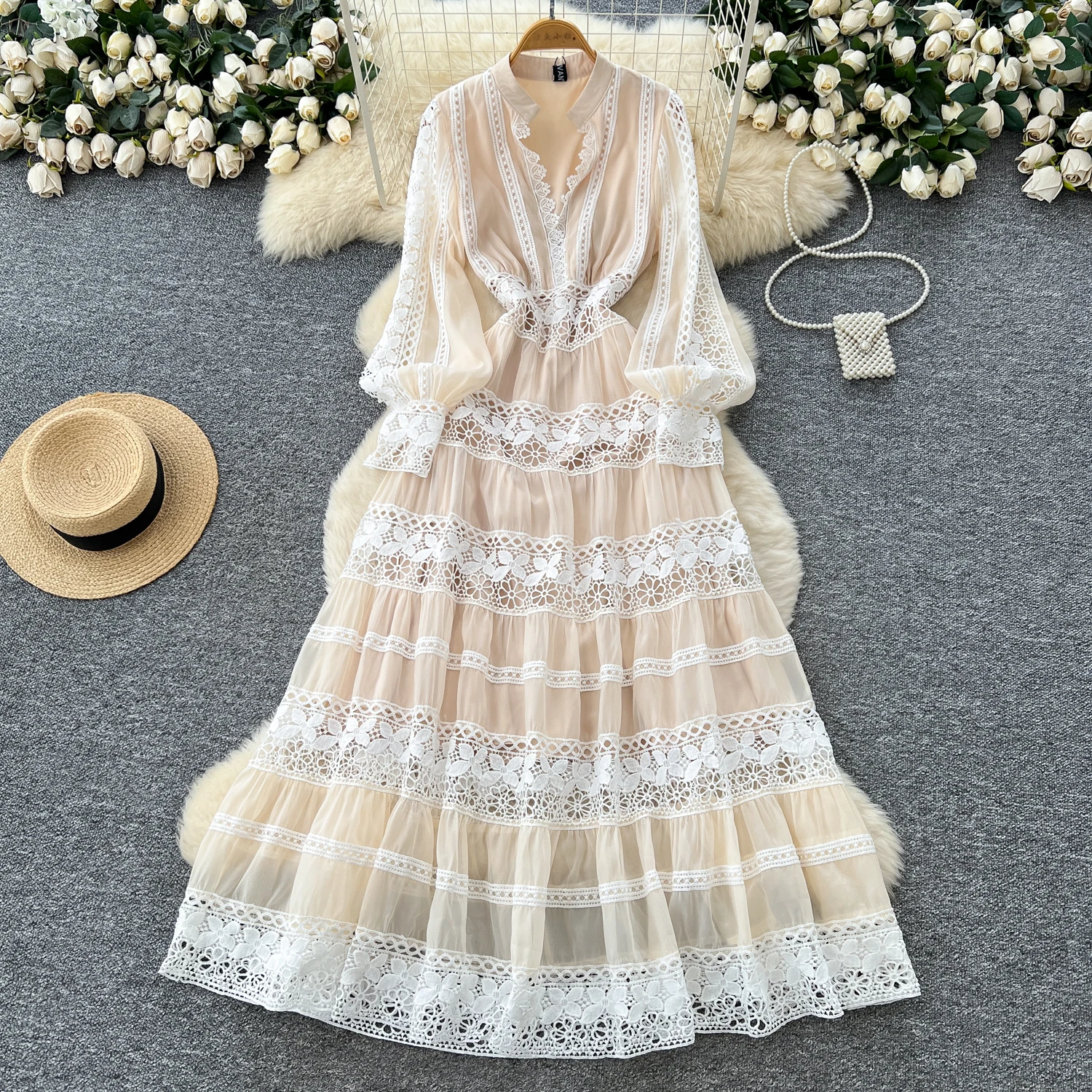 فساتين طويلة أنيقة أنيقة بأكمام واسعة وكشكشة، فستان فرنسي للحفلات المسائية، ملابس نسائية عالية الشارع