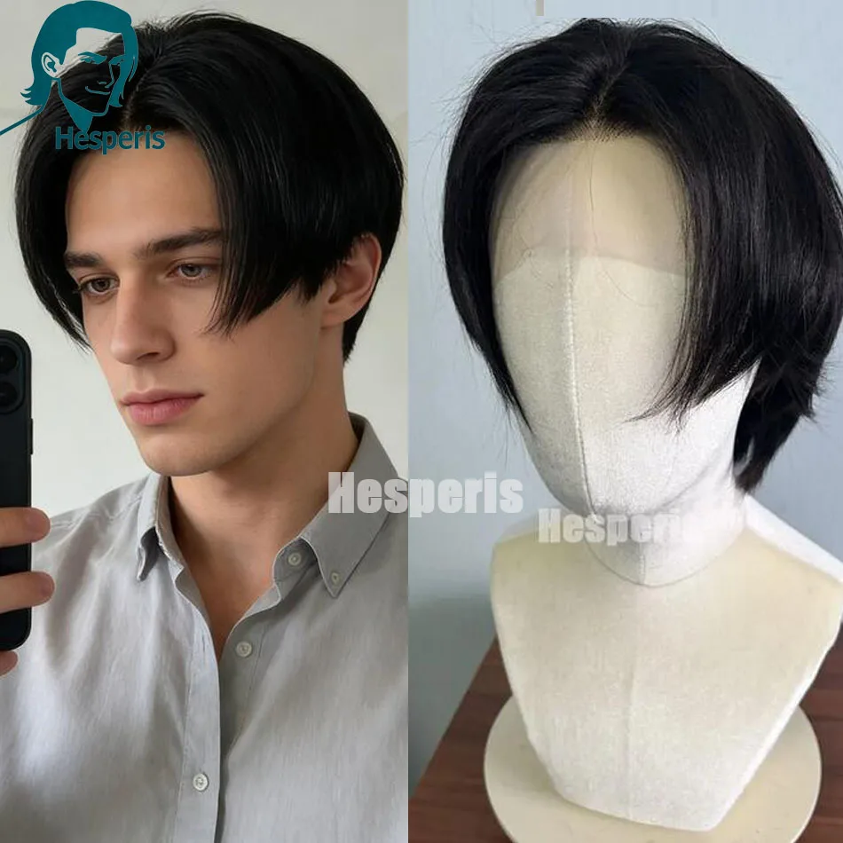 Hesperis Natural Color Glueless Human Hair Men's Wig Short Pixie Style Lace Front Wig with Bangs Pre-Plucked