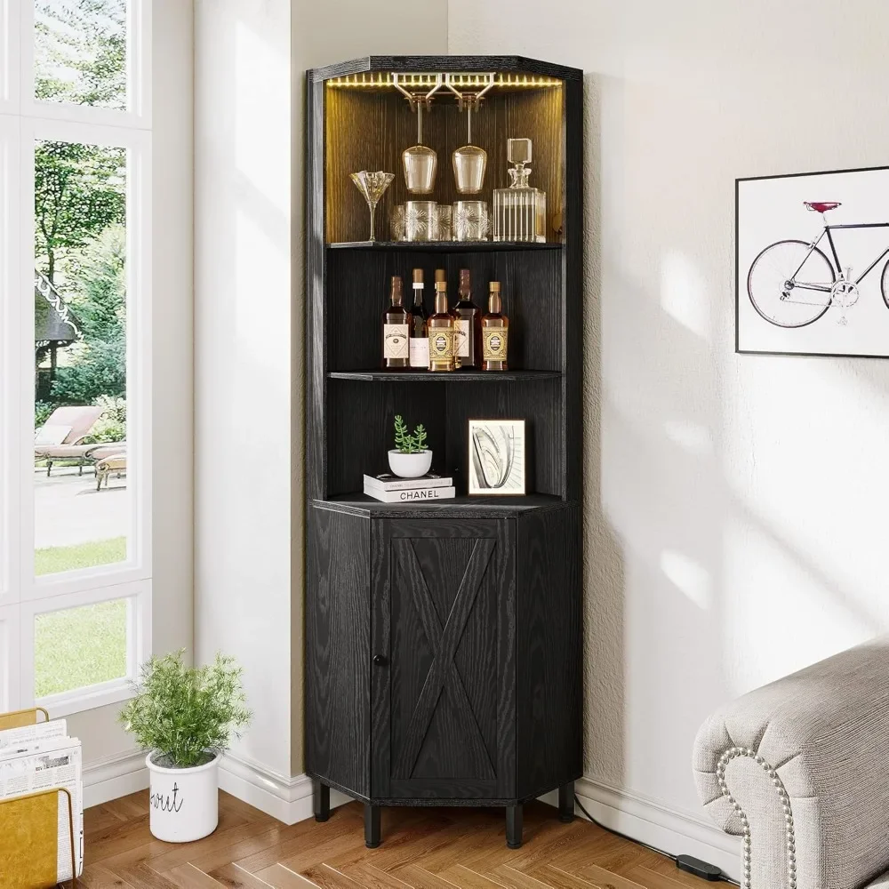 Corner Bar Cabinet with LED Lights & Glass Holder, 5 Tier Corner Shelf with Storage, Wine Rack Cabinet Display Shelves