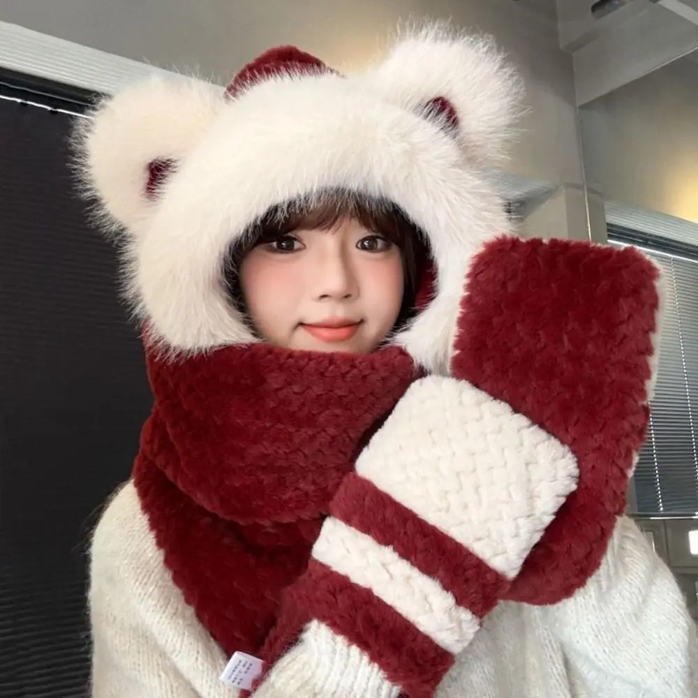 High-Value Bear Protection Hat Soft Thickened Design Integrated Cap Gloves Scarf Pullover Windproof Ear Protection Hat
