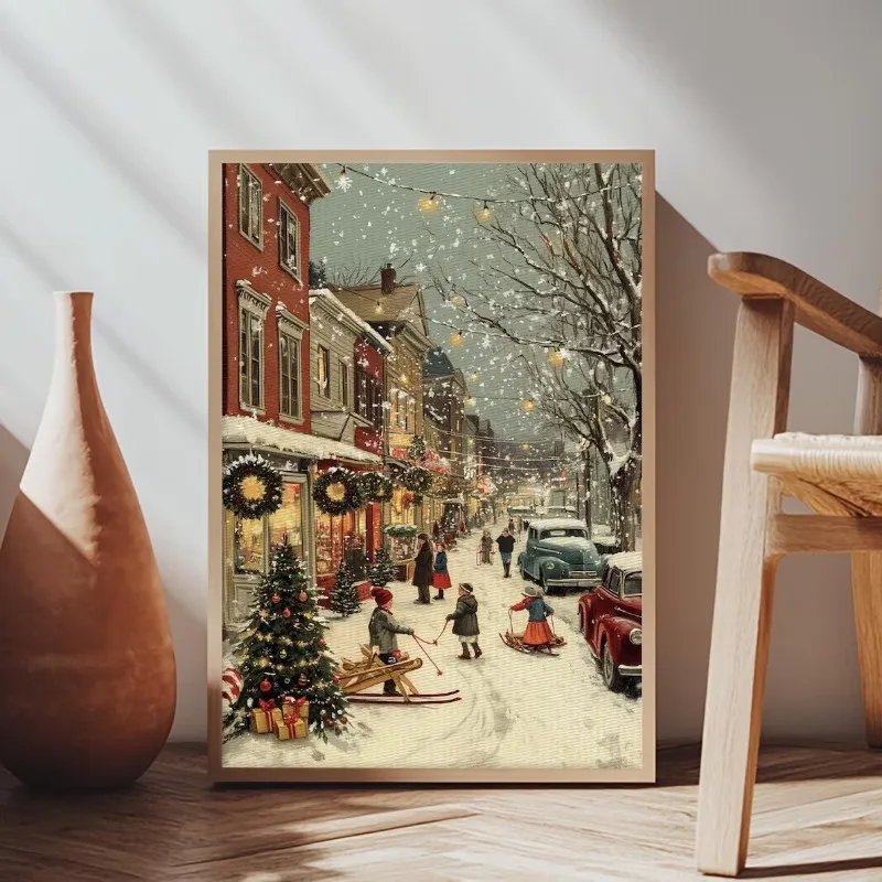 Vintage Christmas Town Scene Children Playing in Snow, Holiday Street Decor and Wreaths, Frameless Canvas for Winter Wall Art