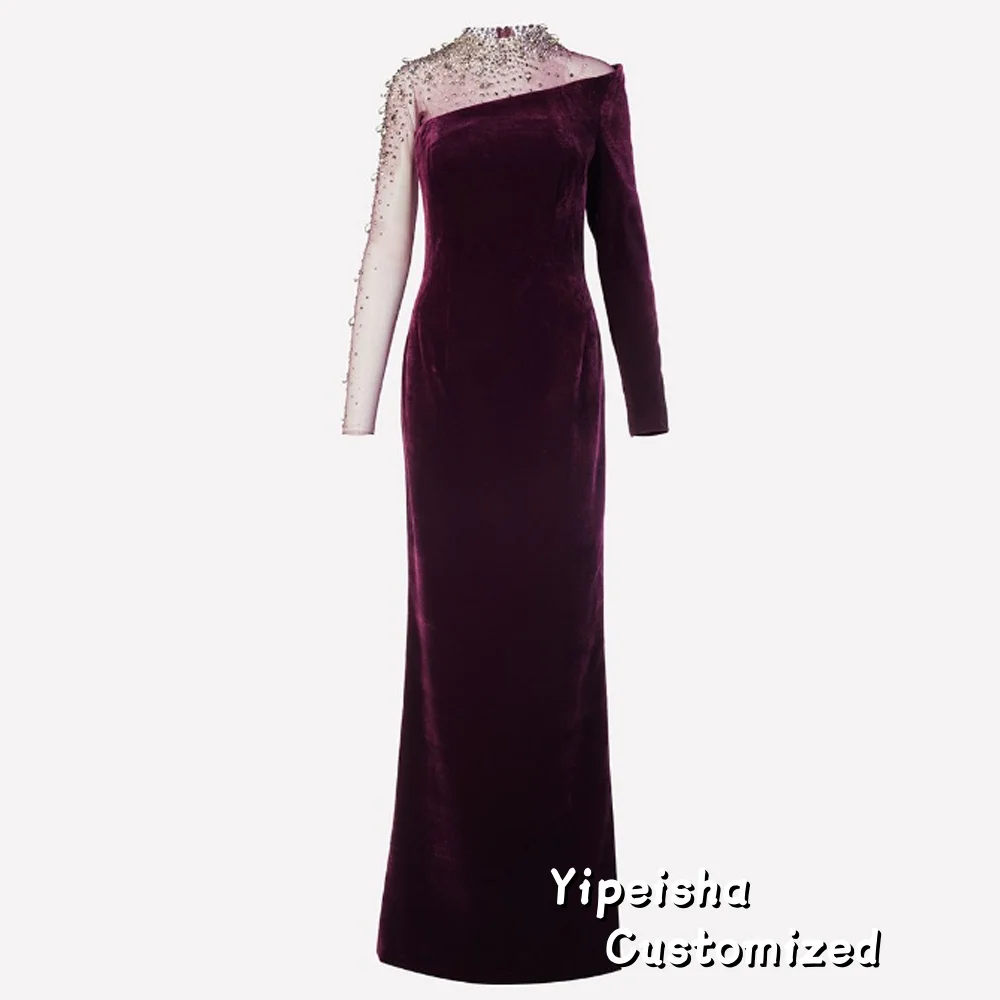 Customized Velour Long Slevees Round Neck Evening Dress Crystals Beading Floor Length Special Occasion Saudi Prom Gown