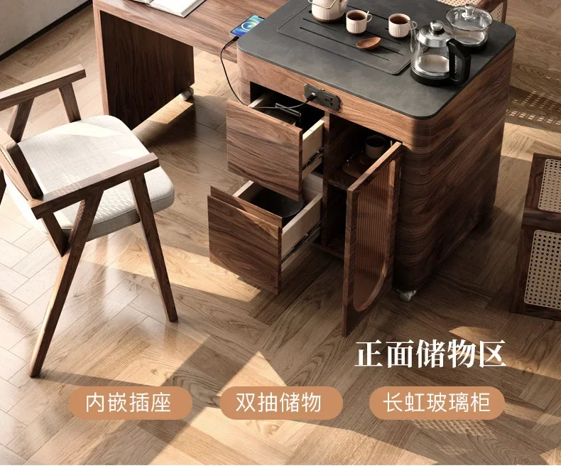 Tea table and chair combination household multi-functional solid wood folding movable tea table