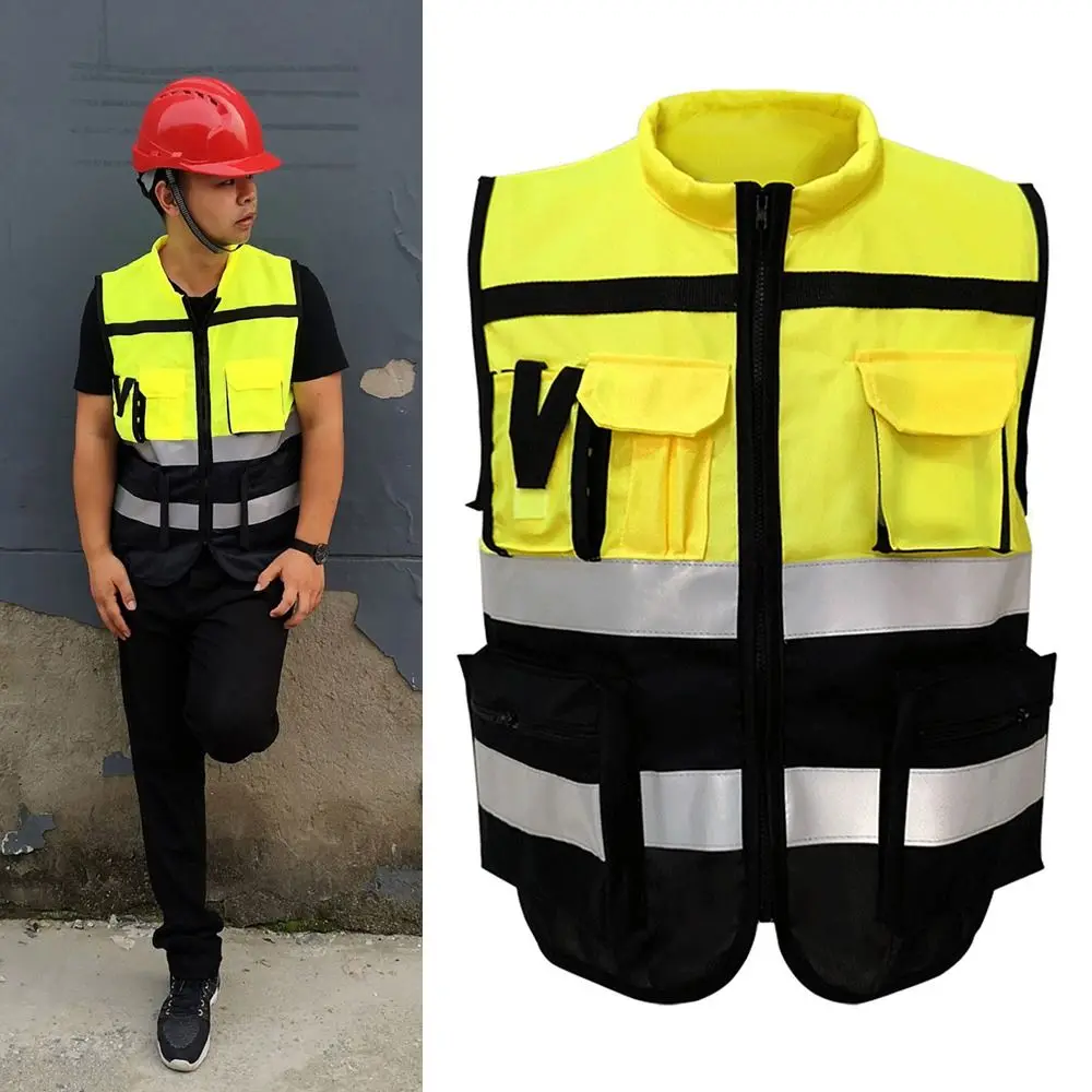 L-XXXXL Reflective Vest Security High Visibility Traffic Safe Clothing Pockets Design Black&yellow Color Matching Safety Wear