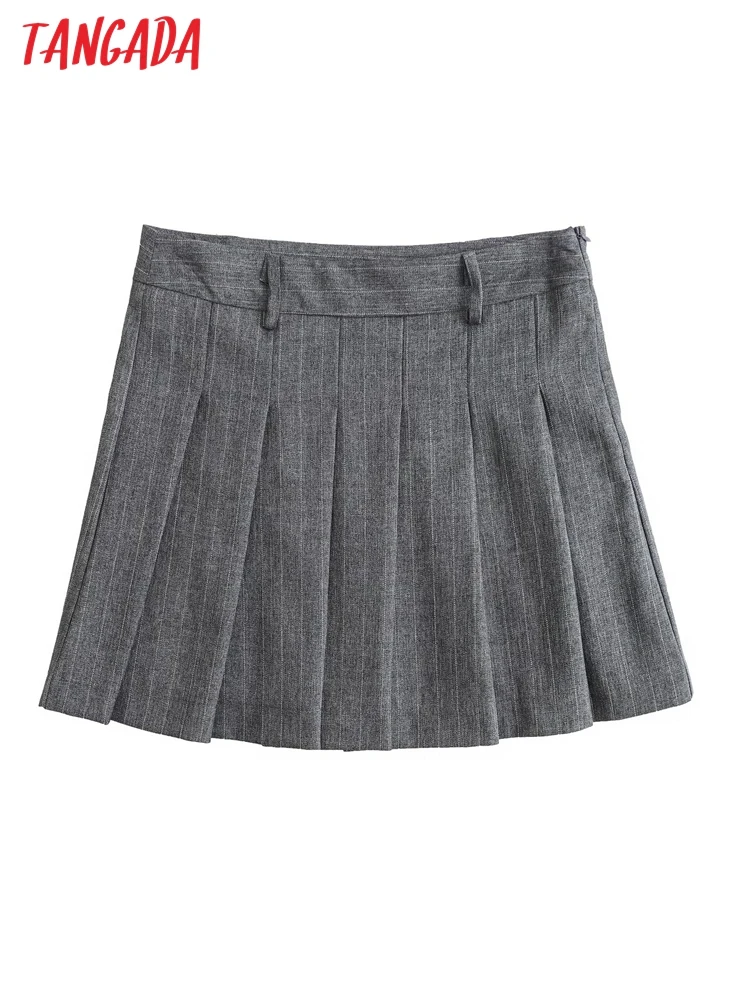 Tangada 2024 New Chic Women Gray Striped Pleated Skirt High Waist Mini Skirts QD002