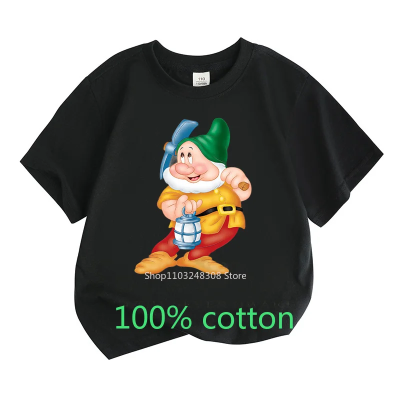 Summer Children\'s Clothes 100%Cotton T-shirt Boys Girls Kids Tops Dwarf Cartoon Round Neck Short-sleeved T-shirt Toddler 2-15Y