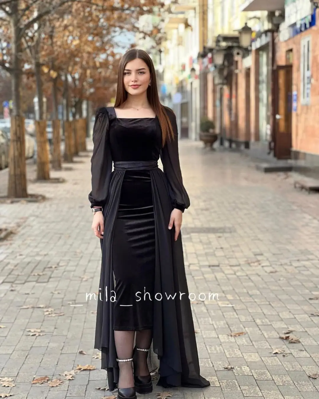 

Black Velvet Long Sleeves Prom Dresses A-line Square Neck Ankle Length Saudi Arabia Women Evening Party Dress