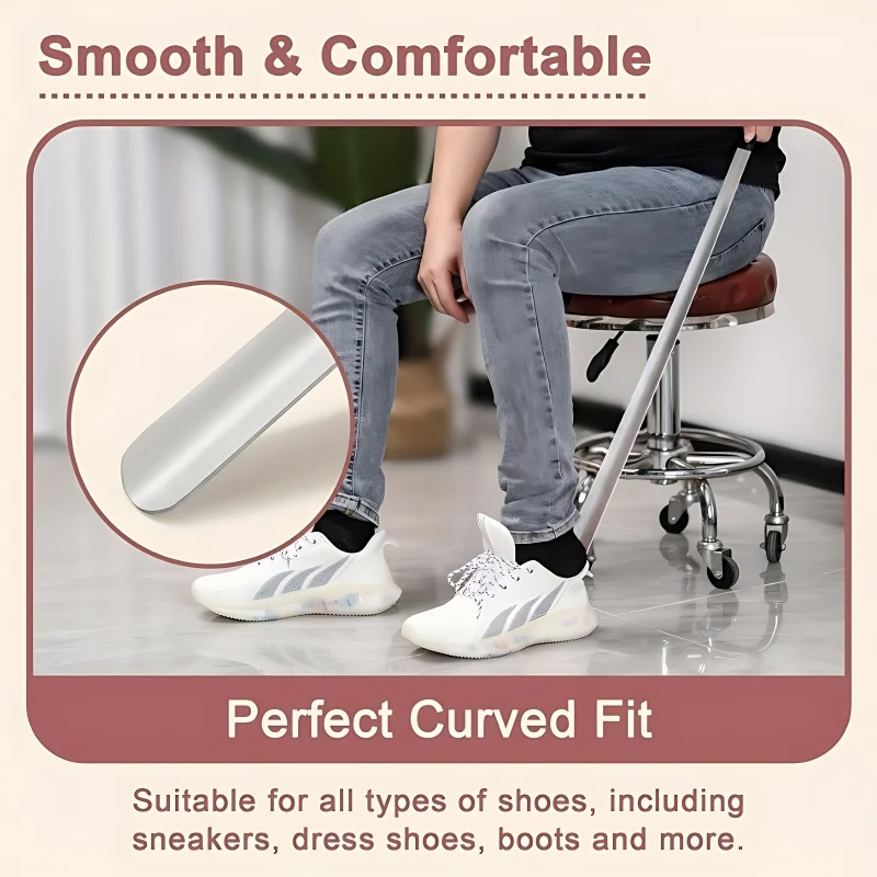 Long-Handle Shoe Horn  - Stainless Steel with Soft Grip, No-Bend Shoe Helper for Seniors, Pregnant Women, Easy Slip-On (Si