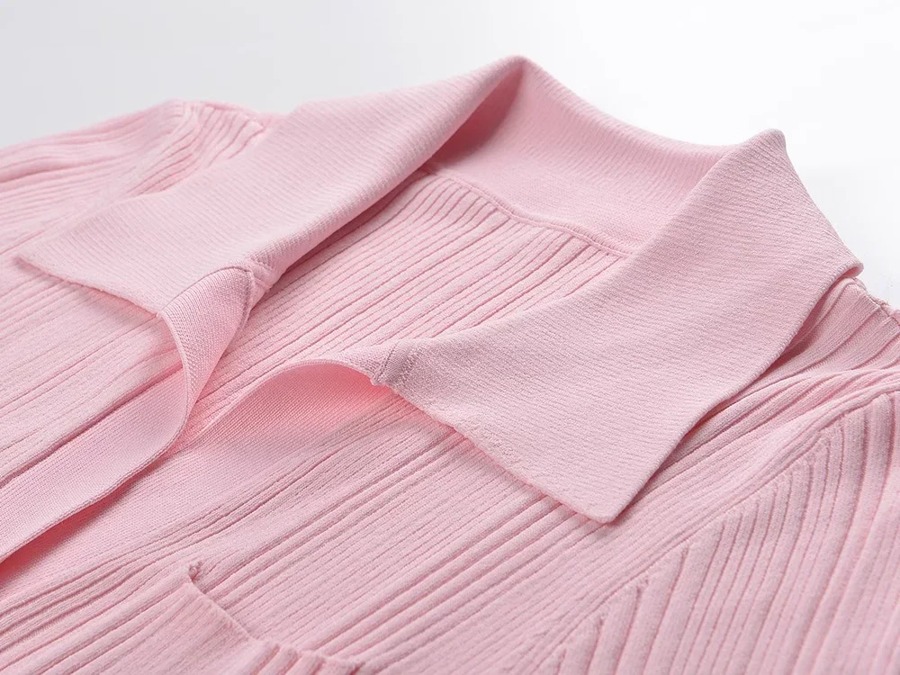 Pink Knitted  Dress Women 2024 New Fashion Summer Elegant Turn Down Collar Single Breasted Short Sleeve Slim Dresses