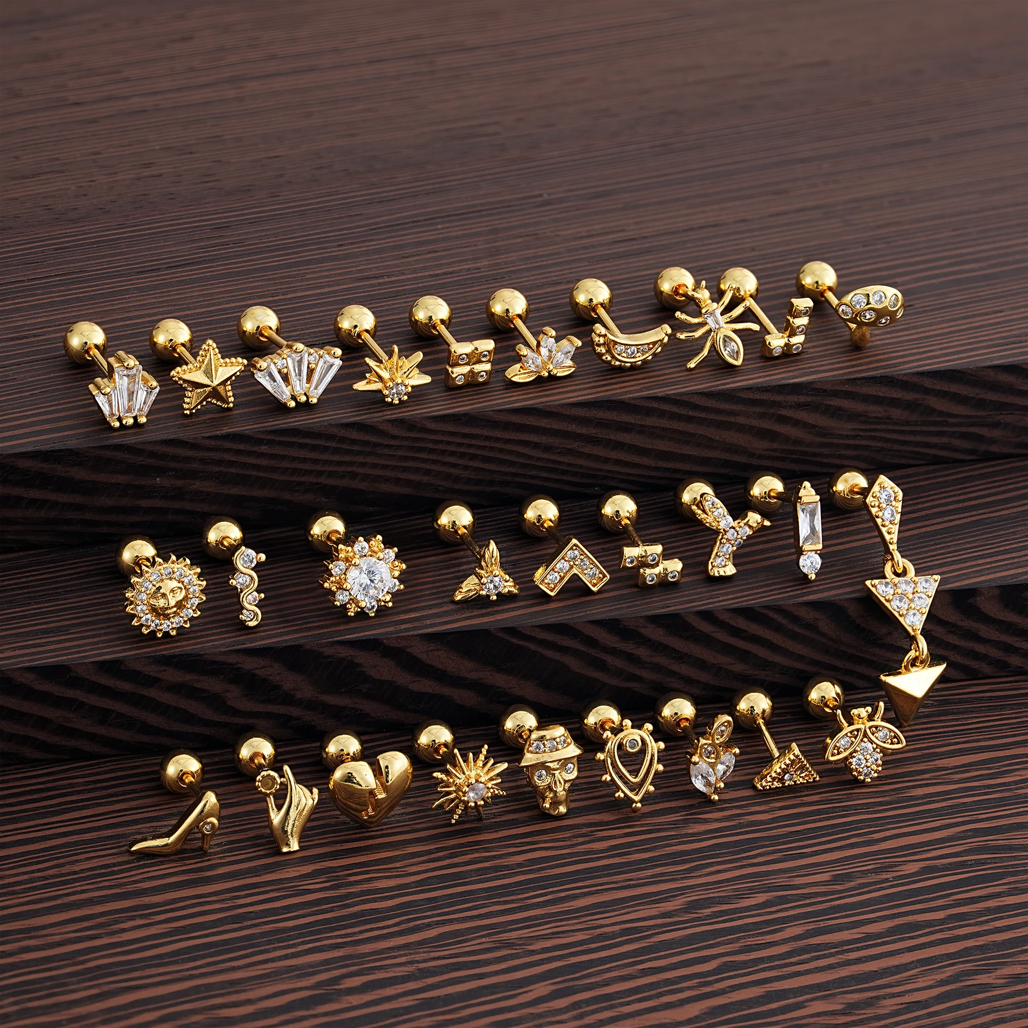 1pc Gold Color 16G Helix Cartilage Ear Studs Piercing Heart Flower Skull Star-Style Earring Jewelry Back-Screwed Ear Piercings
