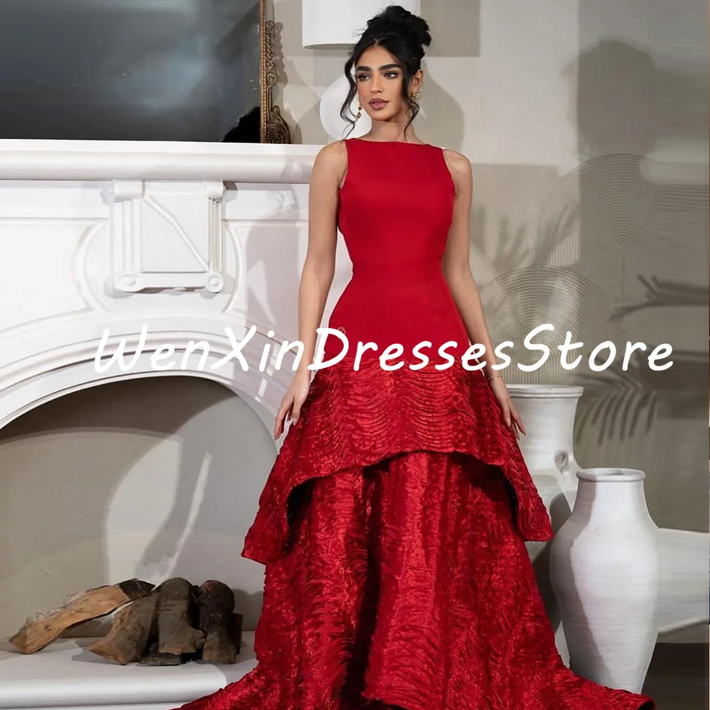 Exquisite A-Line Boat Neck Jersey Red Prom Dress Celebrity Dress Court Train Saudi Arabia Sleeveless Backless Robe de soirée