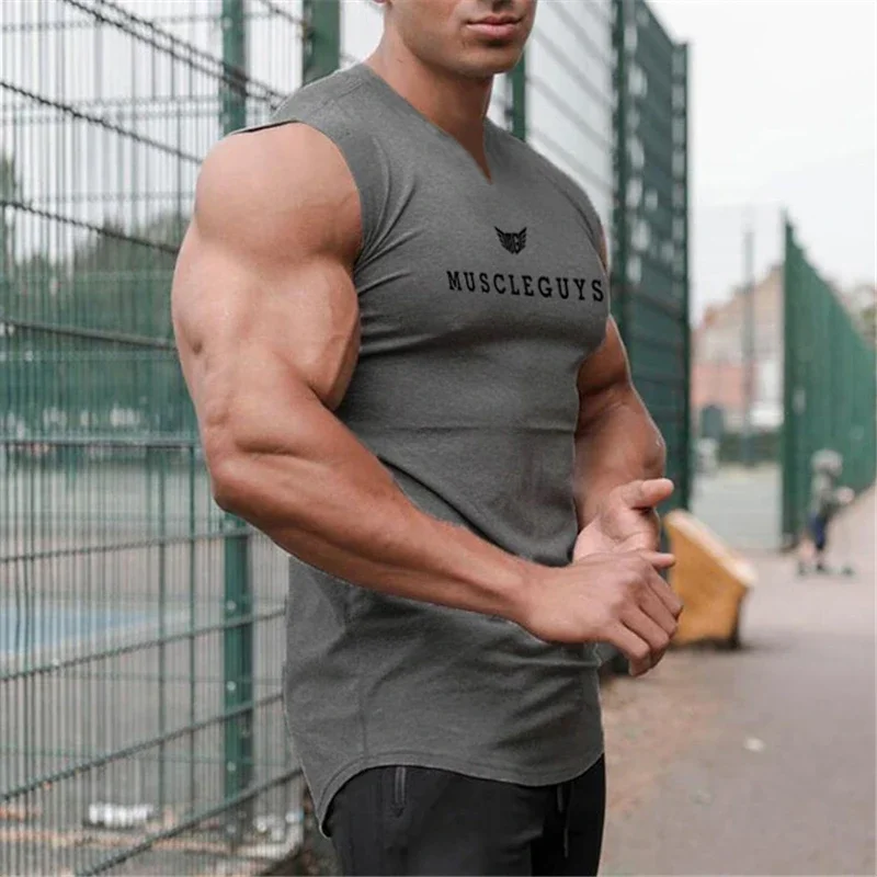 Muscleguys Brand Gym Clothing V Neck Compression Sleeveless Shirt Fitness Mens Tank Top Cotton Bodybuilding Tanktop Workout Vest