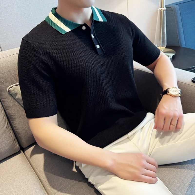 Men Business Casual Polo Shirt, Spring and Autumn Daily Short Sleeved Top, High Quality, Fashionable Splicing Lapel T-shirtYY105