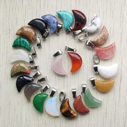 Good quality mix natural stone tiger eye white crystal moon shape pendants for jewelry making Wholesale 50pcs/lot