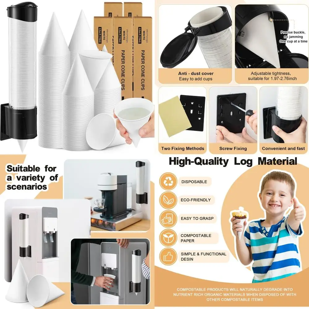 

Одноразовые стаканчики с бумажным конусом на 4 унции — упаковка 1000 шт. с настенным диспенсером для ресторанов, утолщенные стаканчики для обслуживания напитков