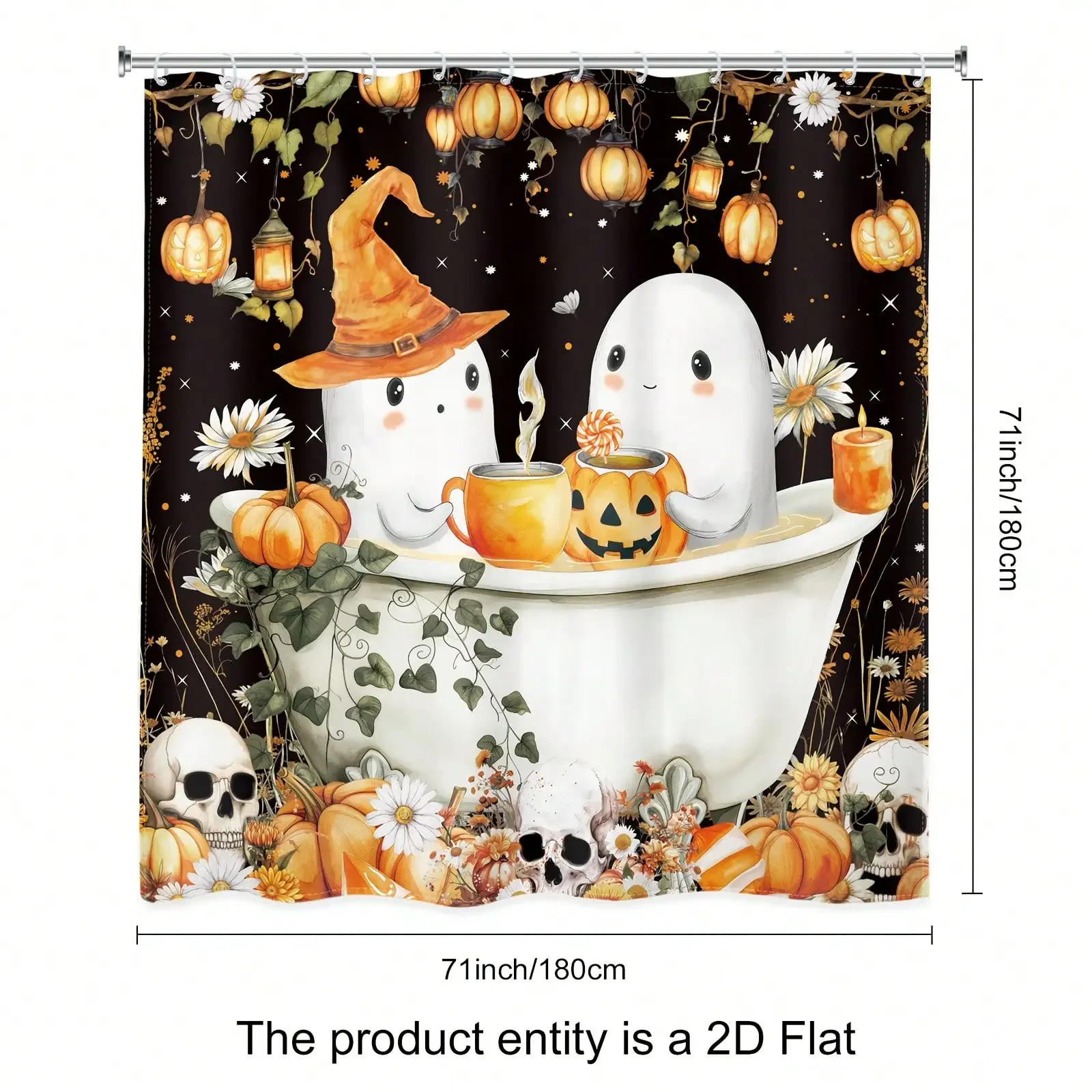 2D Flat, 4pcs - 2D Flat Funny Halloween Shower Curtain Set, Cute Ghost in Bathtub Spooky Skull Pumpkin Lantern Scary Floral Plant Bathroom Set of 12 Hooks, Non-Slip Bathroom, Toilet U-Shaped, Toilet, Bath Decoration And Additions