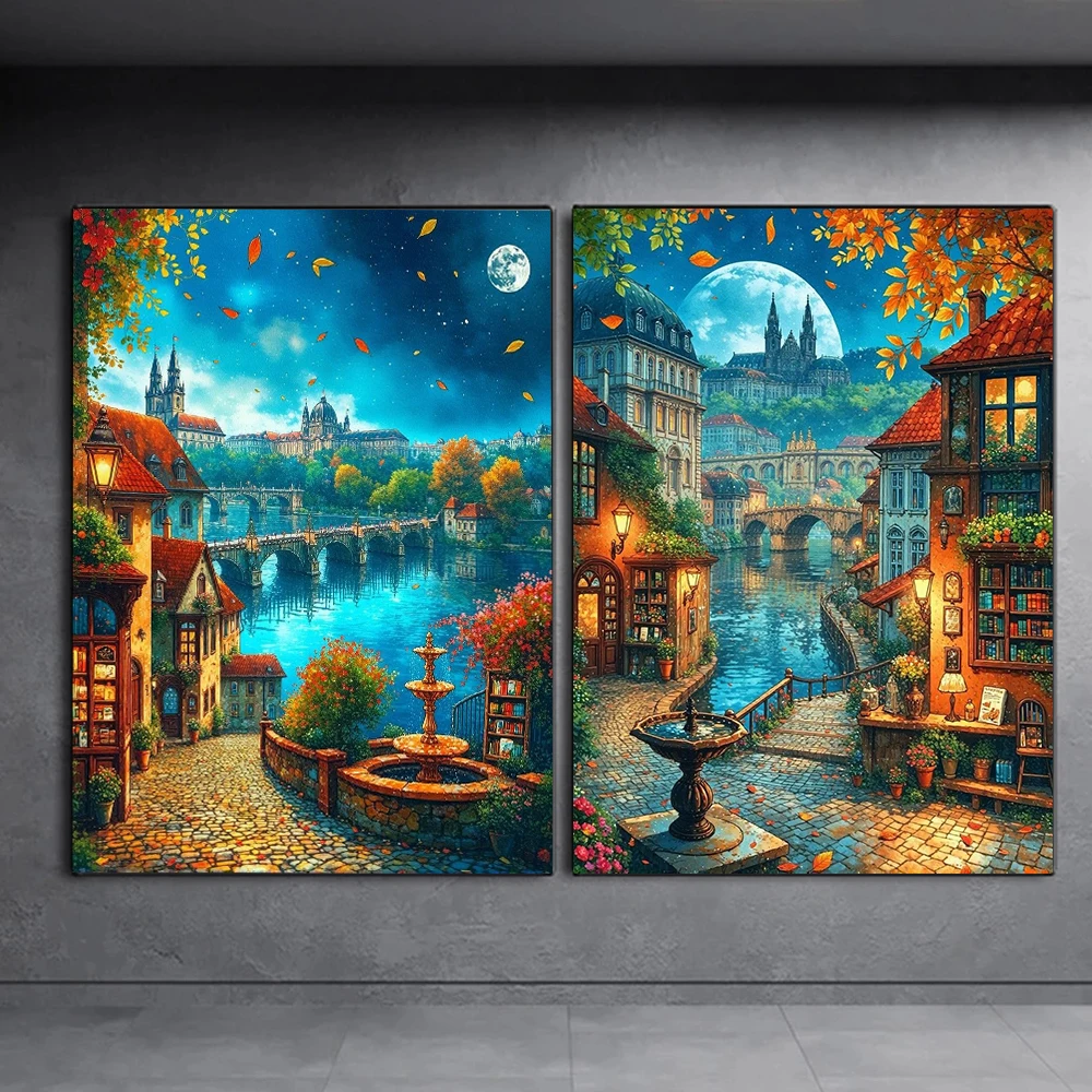Abstrakte Stadtlandschaft, Diamantmalerei, Vintage-Poster mit Flussuferstadt-Motiv, Druck für Wohnzimmerdekoration, verspielte Fantasy-Wandkunst