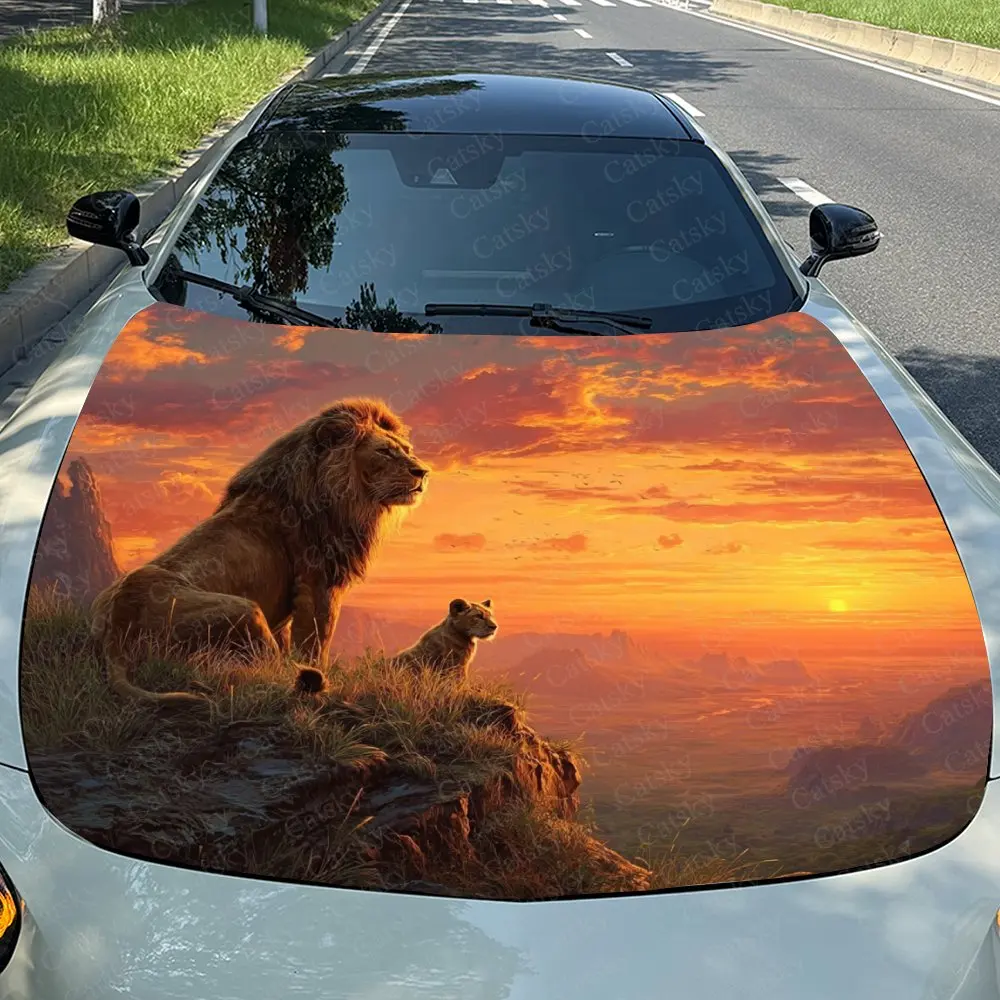 Lion King And Cubs Car Hood Sticker, Splash Proof PVC, Easy To Disassemble, Waterproof And Scratch Resistant, Self-adhesive, Hig