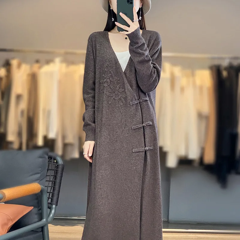 Chinese Style Dresses 100% Cashmere and Wool Knit V-neck Jumpers 2023 New Fashion Winter Lady  Pullovers NJ01