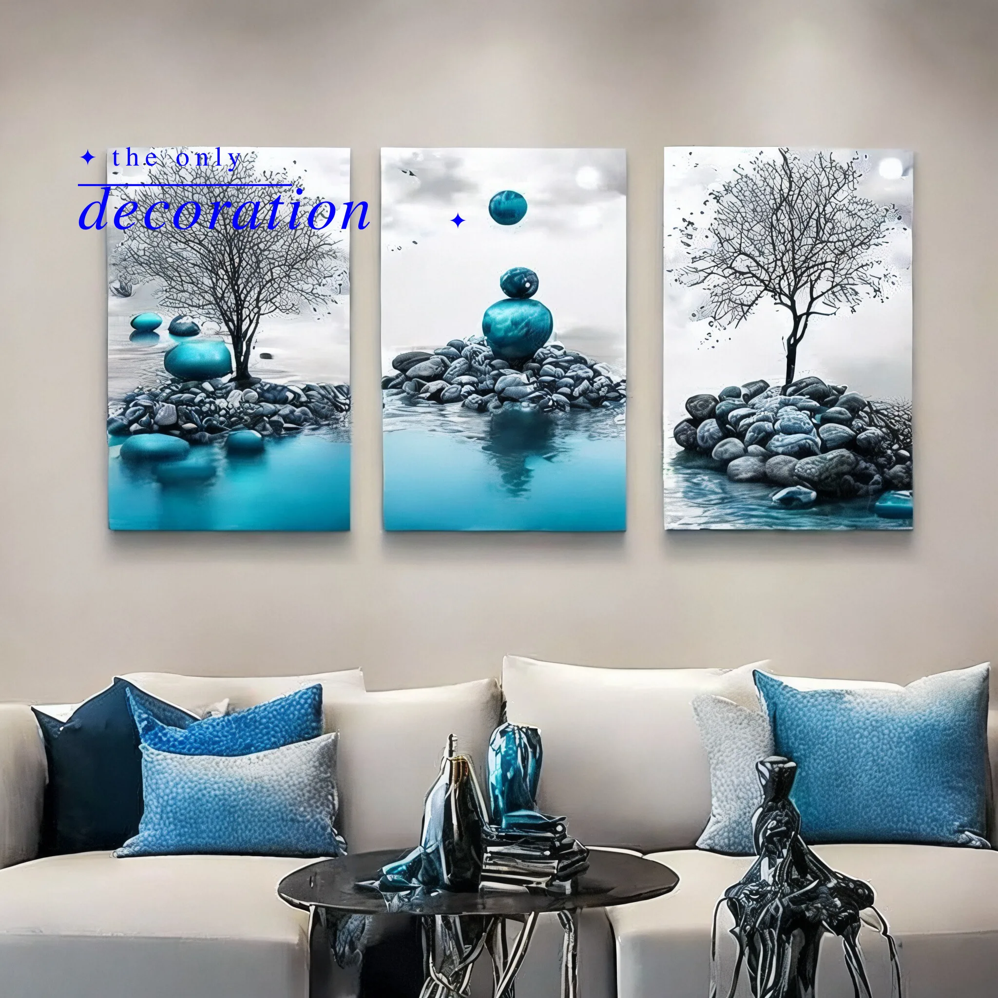 3pcs Set of Frameless Decorative Paintings, Soothing Nature Trio: Deep Blue Stones, Trees, and Water - Living Room and Bedroo