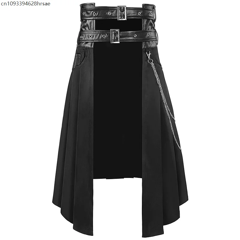 

Adult Men's Gothic Punk Pleated Skirt Open Front Leather Belt Medieval Roman Warrior Kilt Metal Chain Harujuku Stylish Clothing