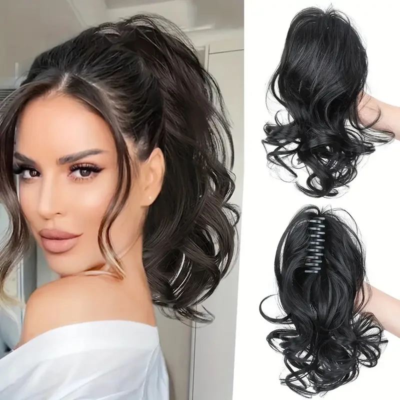 

LUPU Elegant Curly Claw Clip Ponytail Extension for Women - Natural Black Synthetic Hair with Voluminous Waves