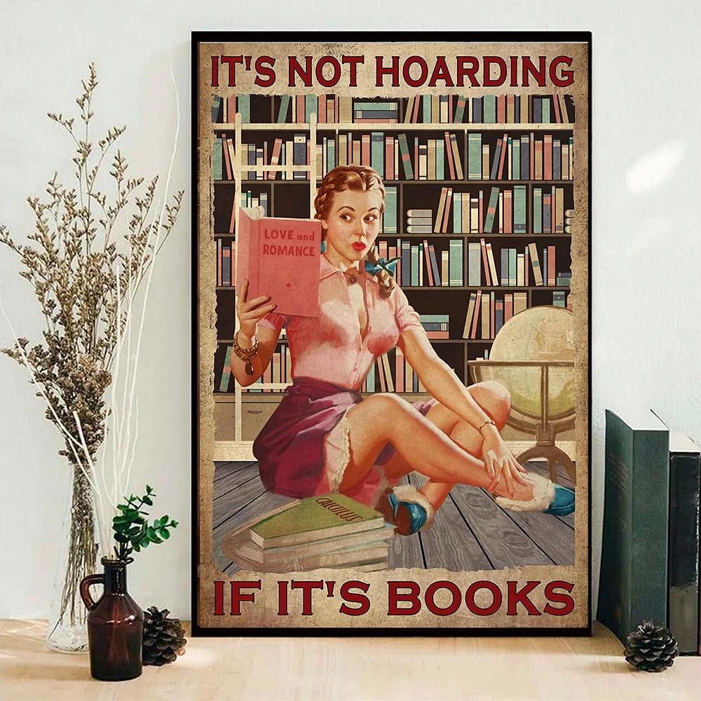 It’s Not Hoarding If It’s Books Quote Vintage Poster Girl With Books Print Wall Picture for Living Room Library Gift For Reader