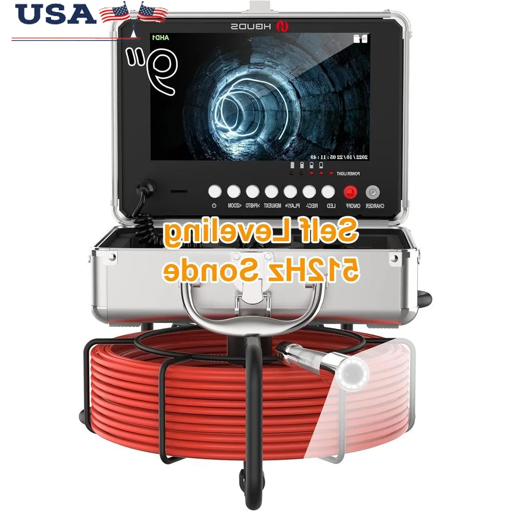 Self-Leveling Sewer Camera 512hz Sonde 100ft 9'' 1080P HD Drain Plumbing Inspection Snake w/ Light IP68 Waterproof Screen DVR SD