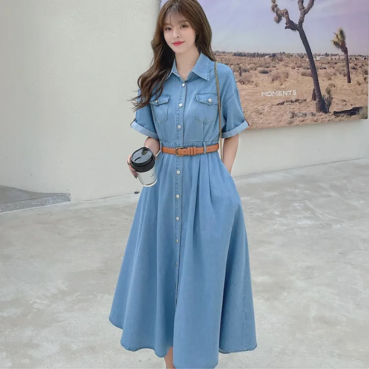 

Casual Women Denim Dress 2022 Elegant Fashion Short Sleeve Turn-Down Collar Single Breasted High Waist Vintage Dress Female