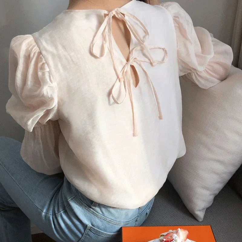 2024 Chic Puff Long Sleeve Blouse Spring Square Collar Women Shirt Fashion Vintage Tops Loose Belt O-Neck Clothes Femme 13549