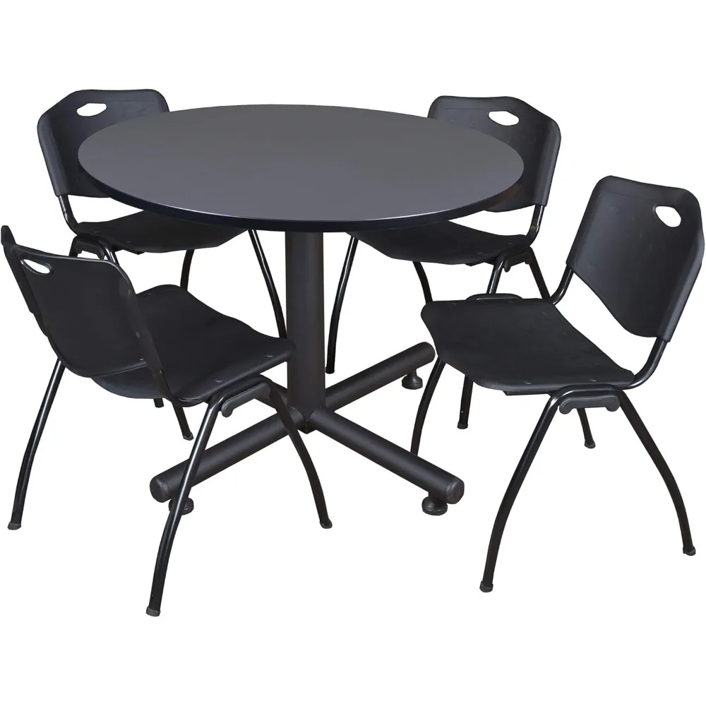 

kobe 48" grey circular breakroom table with 4 stackable black chairs