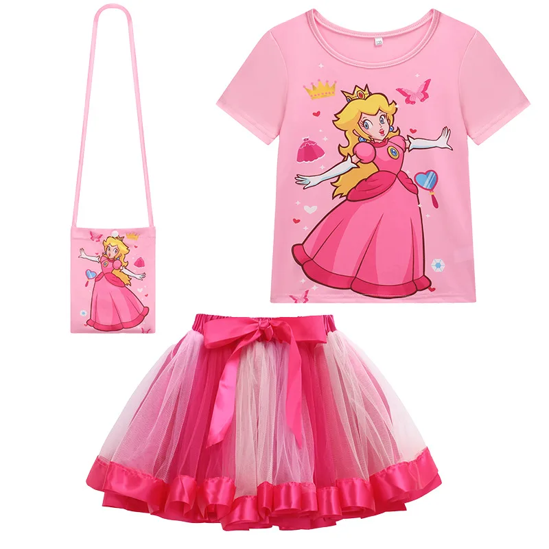 

2024 New Girls Peach Princess Tutu Skirt Set Pink Clothes T-shirt+Skirt+Bag 3pcs Suit Children Halloween Cosplay Party Costume