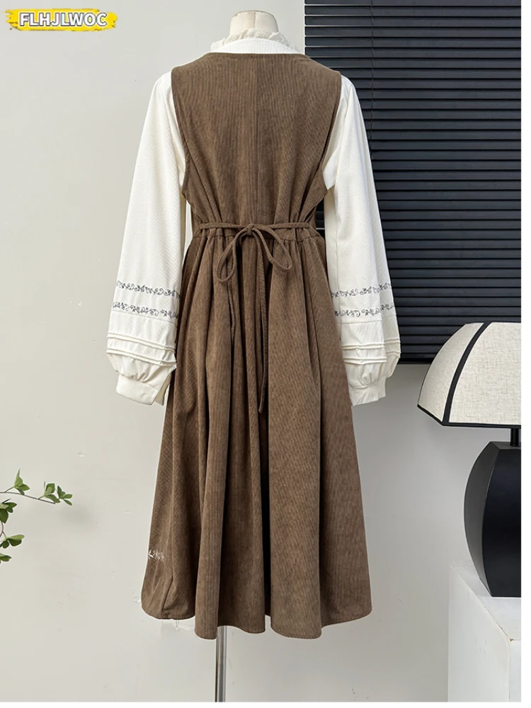 Tweedelige shirtjurken Art Mori meisjes lange jurk vrouw retro vintage Japanse stijl schattige zoete ruches borduurwerk corduroy jurk