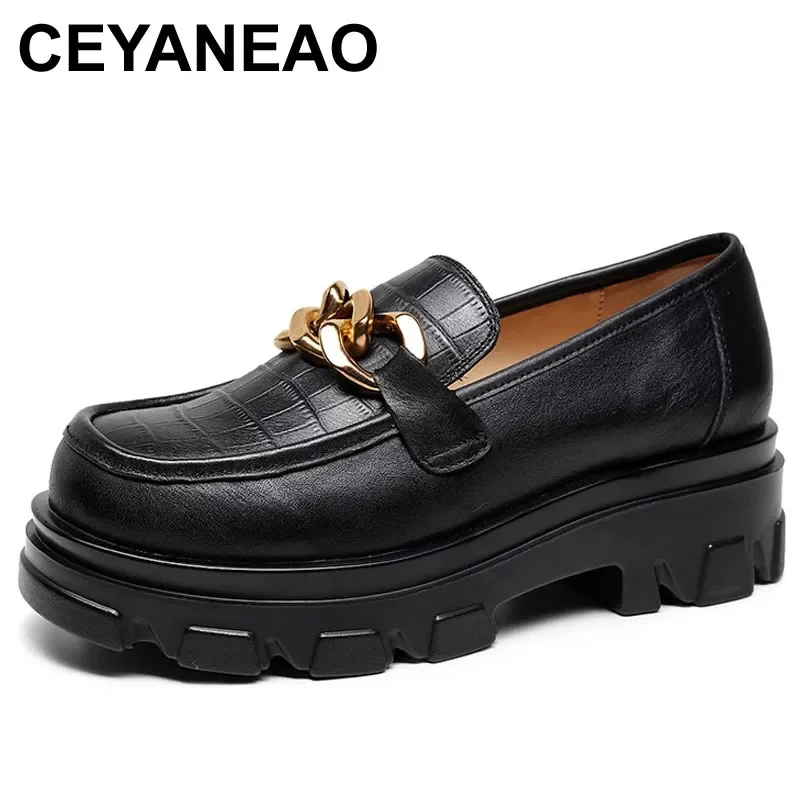 

CEYANEAO Metal Chain Platform Sneakers Women Genuien Leather Slip On Loafers Comfortable 2021 Spring New Female Wedges Sneakers