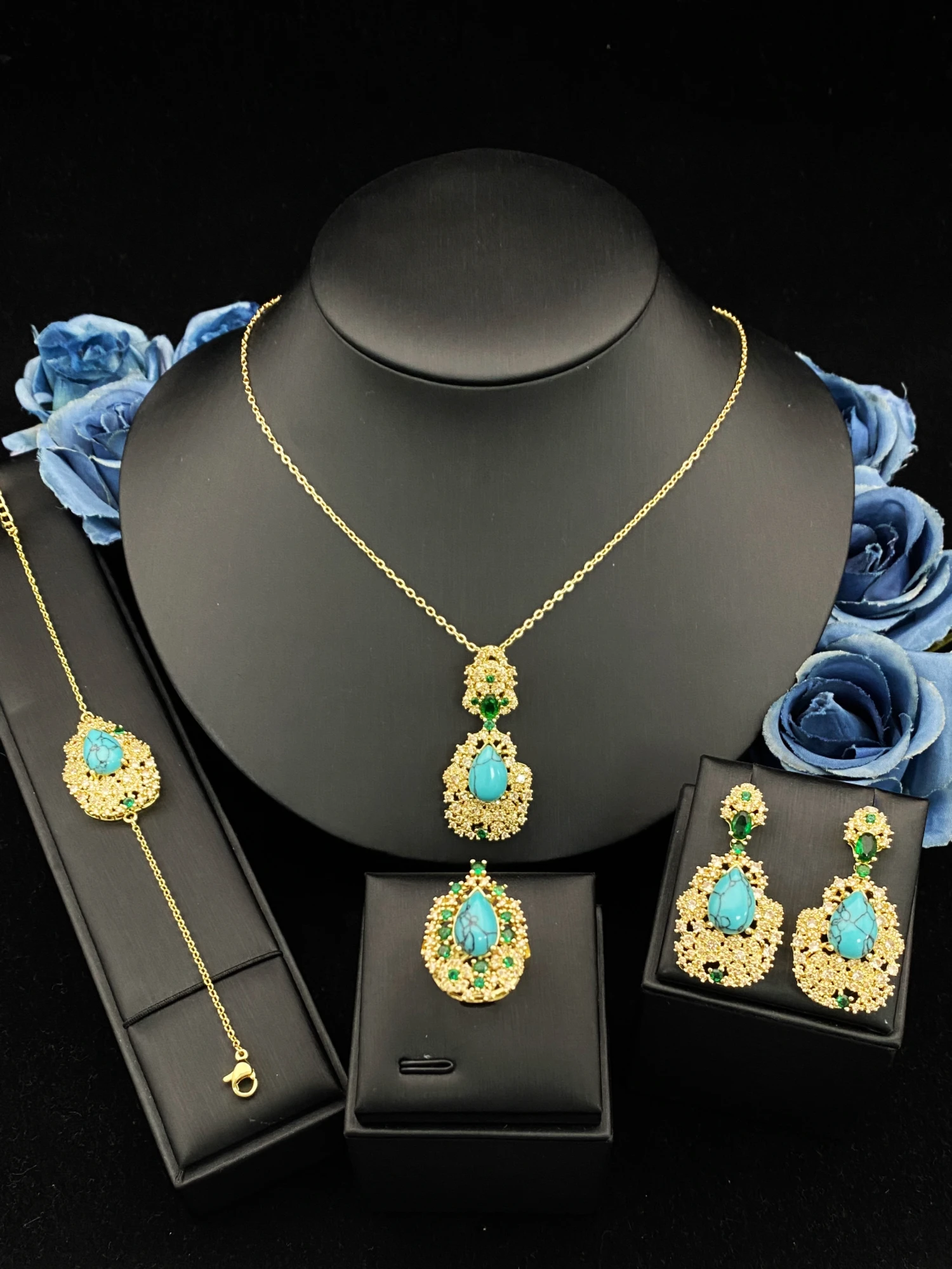 Falair Women's 4Pcs Gold Plated Copper Zircon Jewelry Set Versatile Simulated Accessories for Daily Commute And Dates